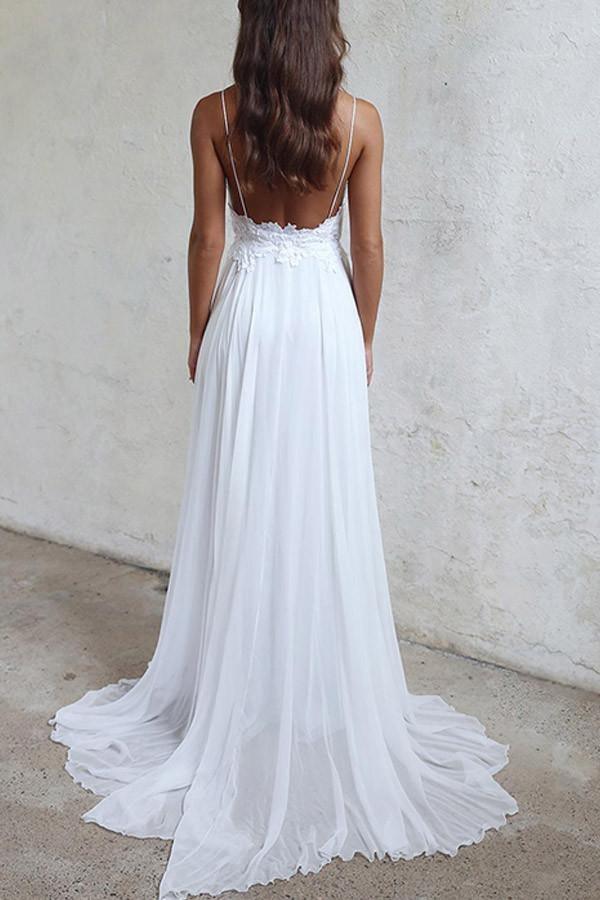 Elegantes A-Linie Träger Weiß Langes Chiffon Strand Brautkleid