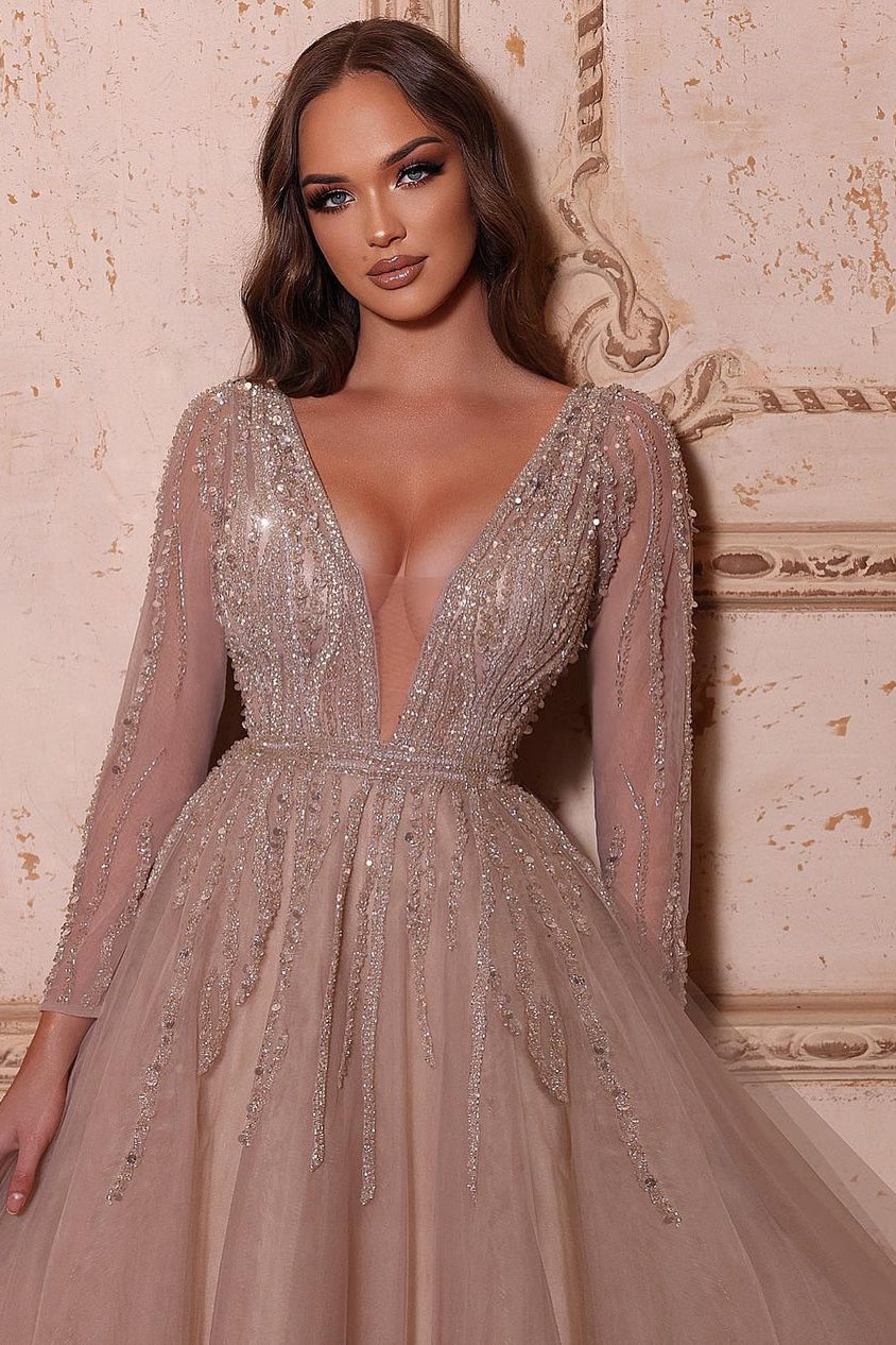 Elegante vestido de fiesta con escote en V, mangas largas y cuentas