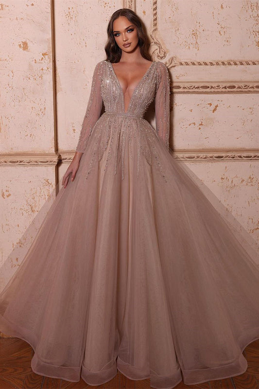 Elegante vestido de fiesta con escote en V, mangas largas y cuentas