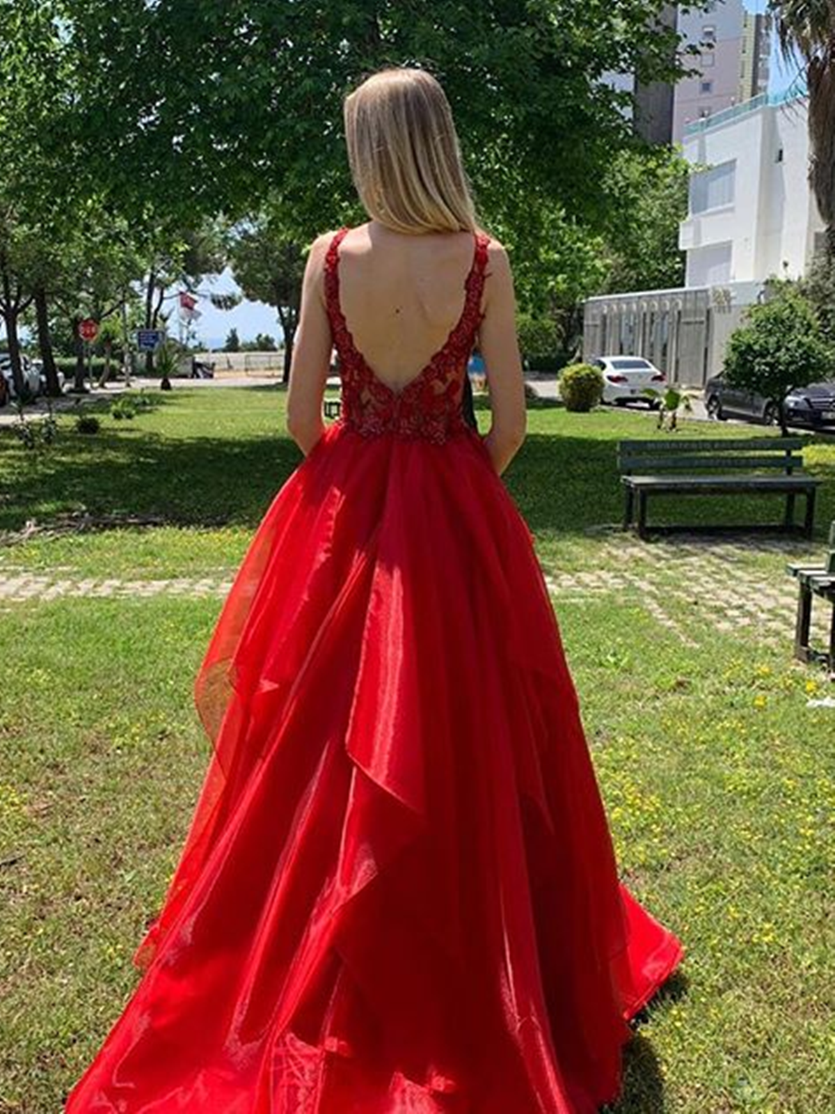 Elegante vestido de fiesta largo con escote en V y espalda abierta en rojo, vestido formal de noche
