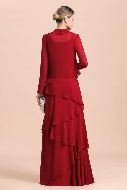 Elegante vestido de gasa burdeos para madre de la novia con volantes y chaqueta