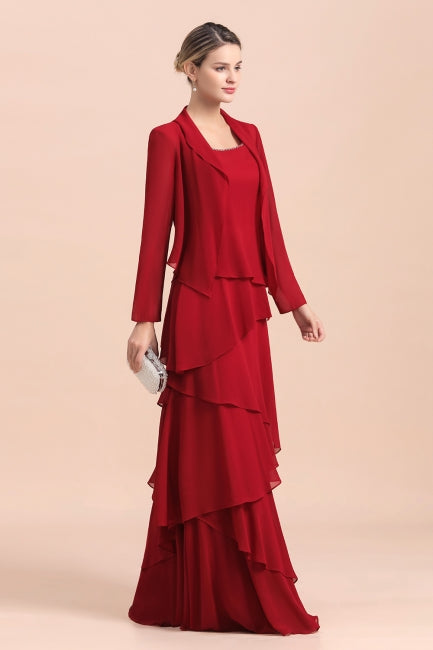Elegante vestido de gasa burdeos para madre de la novia con volantes y chaqueta