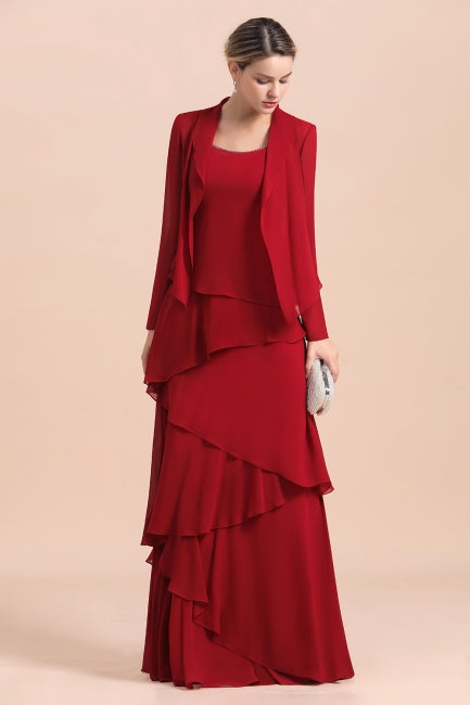 Elegante vestido de gasa burdeos para madre de la novia con volantes y chaqueta