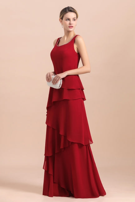 Elegante vestido de gasa burdeos para madre de la novia con volantes y chaqueta