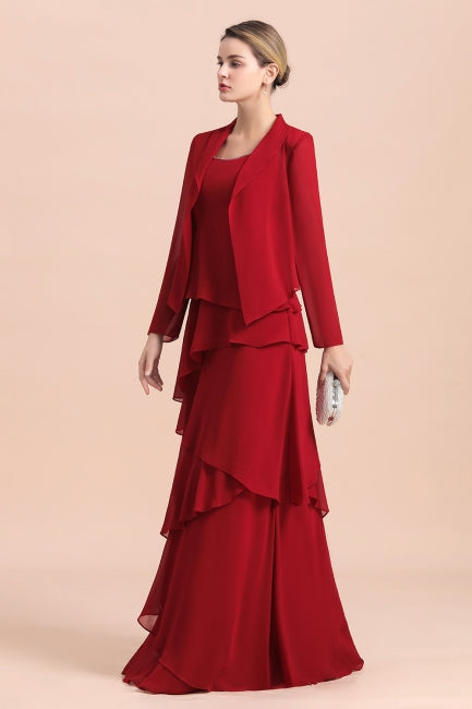 Elegante vestido de gasa burdeos para madre de la novia con volantes y chaqueta