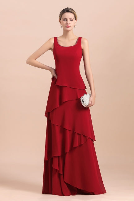 Elegante vestido de gasa burdeos para madre de la novia con volantes y chaqueta
