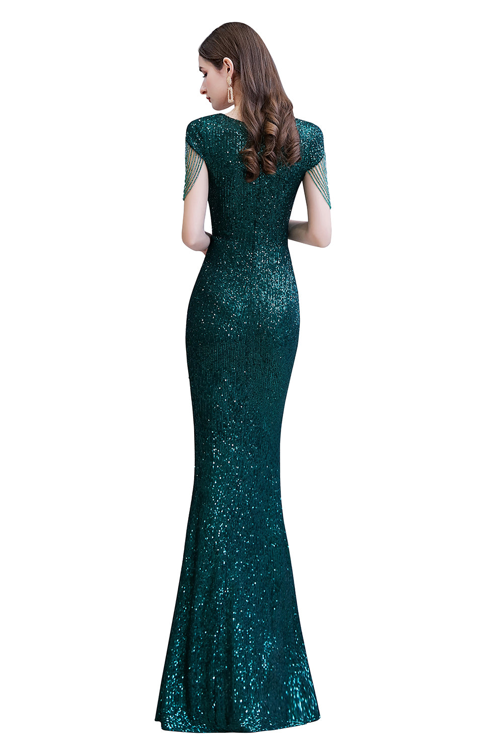 Elegantes langes Ballkleid mit Flügelärmeln und grünen Pailletten