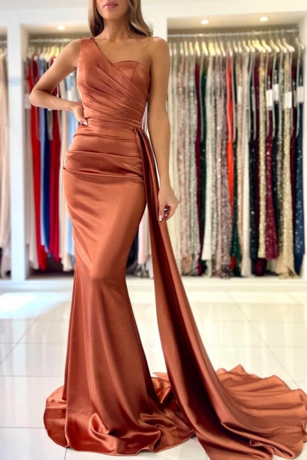 Elegante vestido de fiesta de satén color coral, de un solo hombro, sin mangas, corte sirena, largo hasta el suelo, con volantes