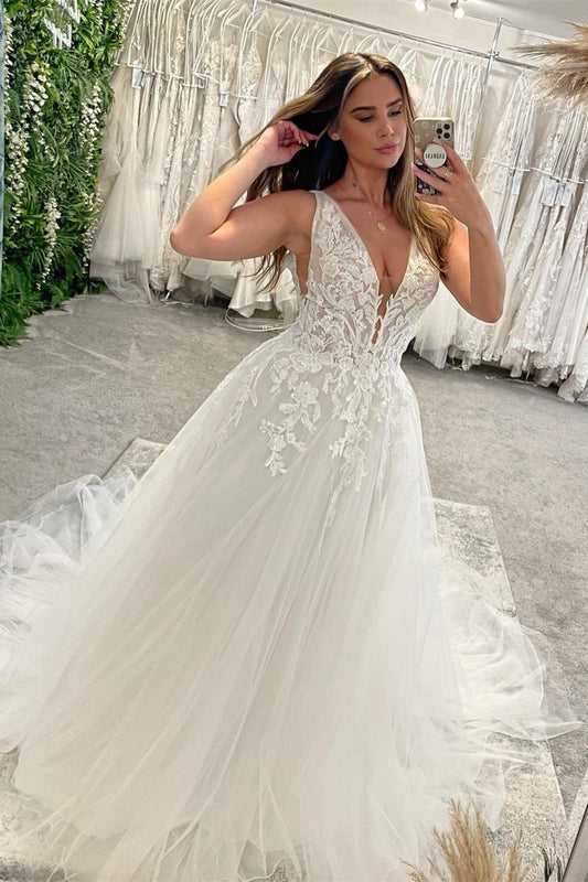 Elegantes bodenlanges, ärmelloses A-Linien-Brautkleid aus Tüll mit V-Ausschnitt und Applikationen
