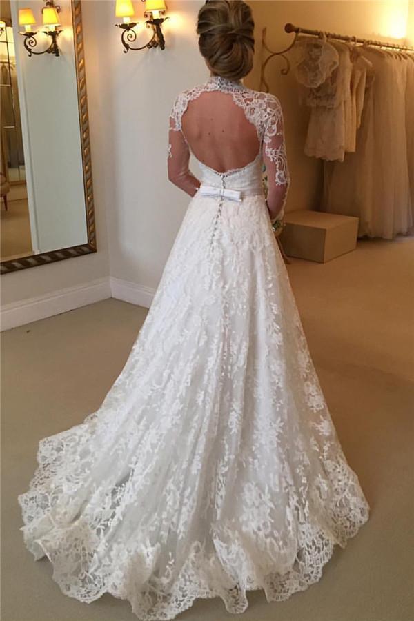 Elegant Lace A-line Long Sleeve High Neck Wedding Dresses