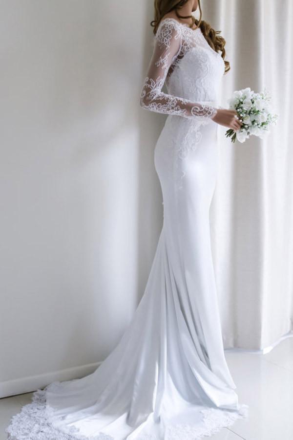 Elegante vestido de novia largo blanco de sirena con mangas largas y encaje y cola