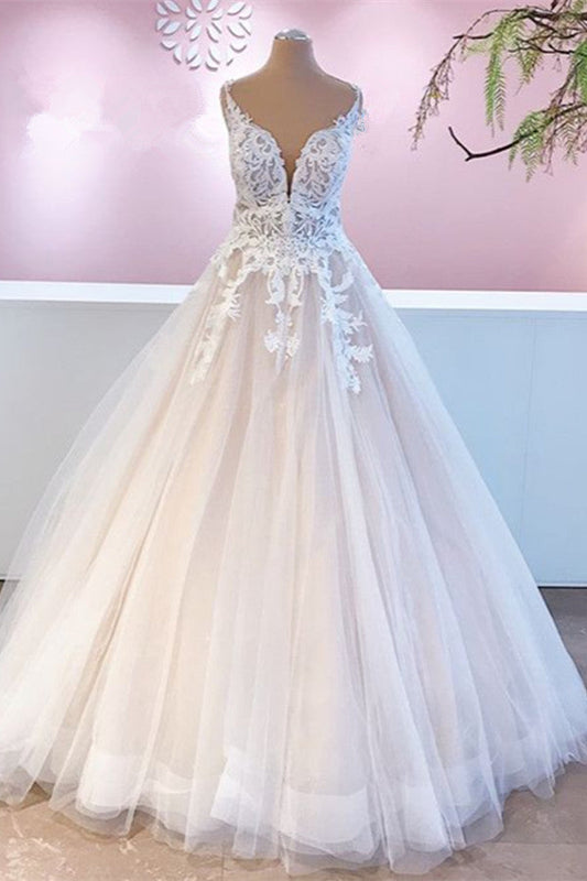 Elegantes langes rückenfreies Brautkleid aus Spitze und Tüll mit Applikationen