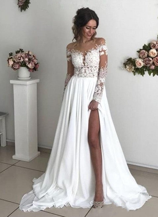 Elegantes langes A-Linien-Brautkleid aus Chiffon und Spitze mit langen Ärmeln und Schlitz