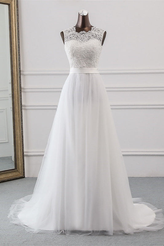 Elegante vestido de novia largo de corte A con apliques de tul y encaje