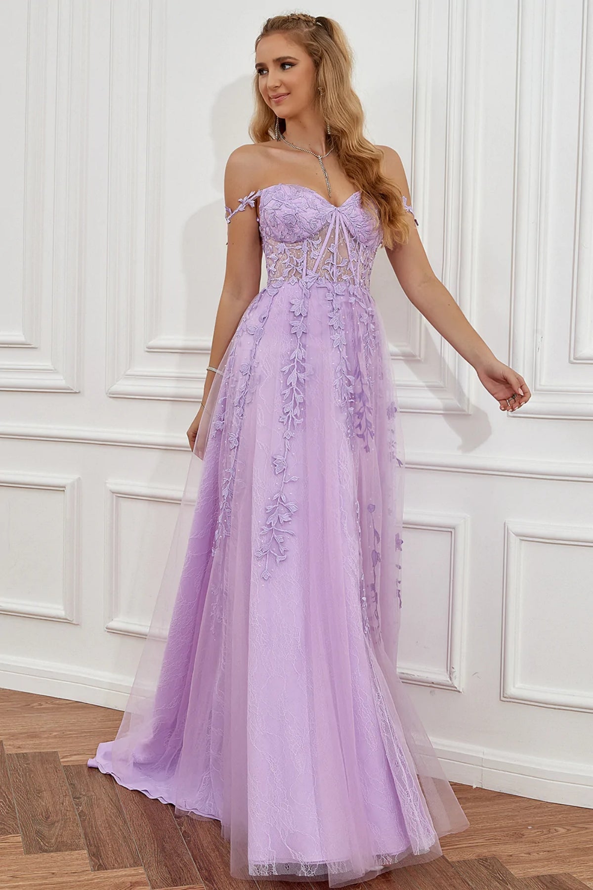 Elegant Long A-line Off The Shoulder Lace Tulle Formal Graduation Prom Dresses with Slit