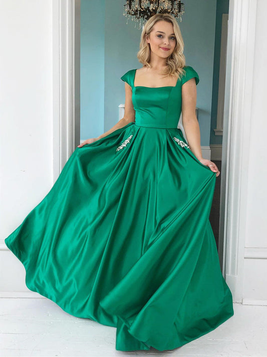 Elegantes langes A-Linien-Abschlussballkleid aus Satin mit Flügelärmeln und Taschen