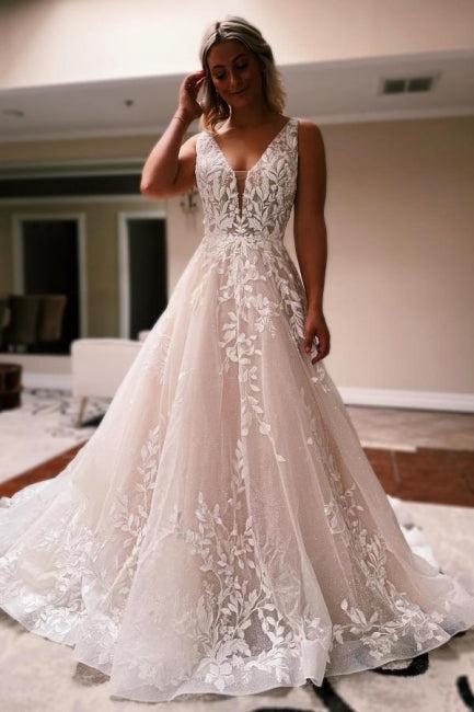 Elegante Lange A-Linie V-Ausschnitt Rückenfrei Spitze Glitzer Ärmellose Brautkleider