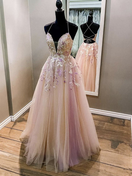 Elegantes langes A-Linien-Abendkleid mit V-Ausschnitt und rückenfreiem Tüll