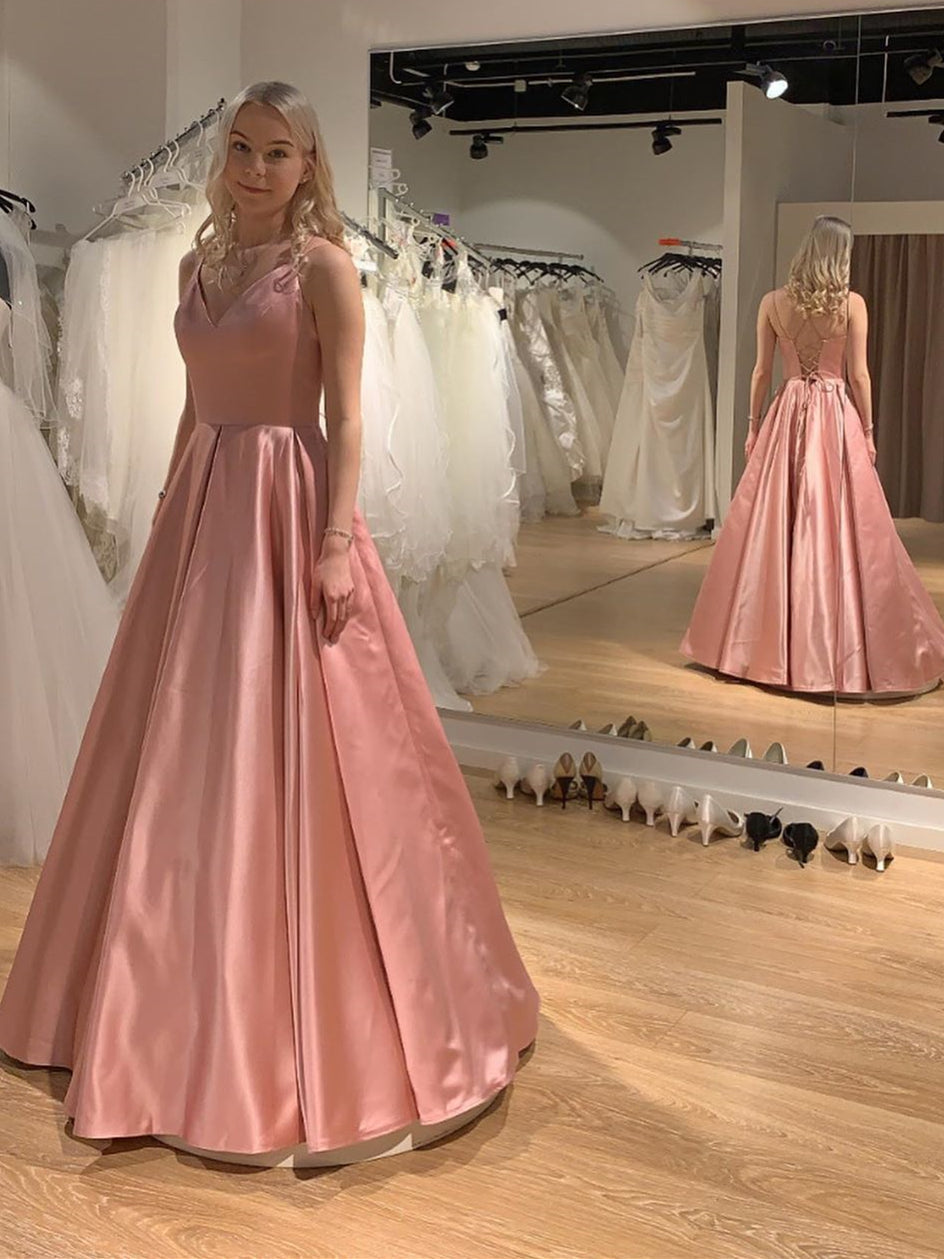 Elegant Long A-line V-neck Satin Backless Graduation Prom Dresses