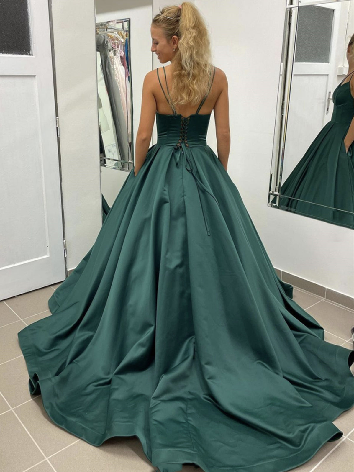 Elegant Long A Line V Neck Satin Open Back Formal Graduation Prom Dresses with Pockets