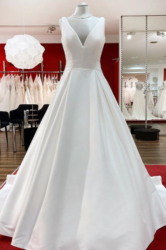 Elegante lange A-Linie V-Ausschnitt Satin Rüschen offenem Rücken Brautkleider