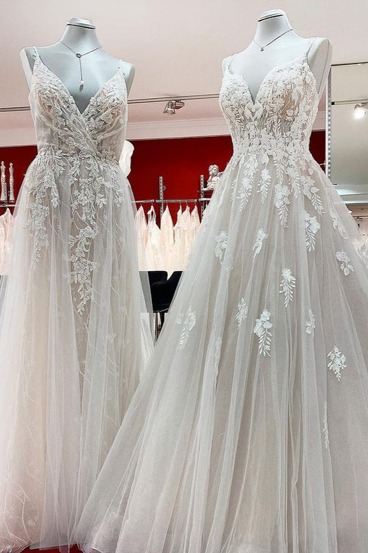 Elegantes langes A-Linien-Brautkleid mit V-Ausschnitt, ärmellos, Rüschen und rückenfreiem