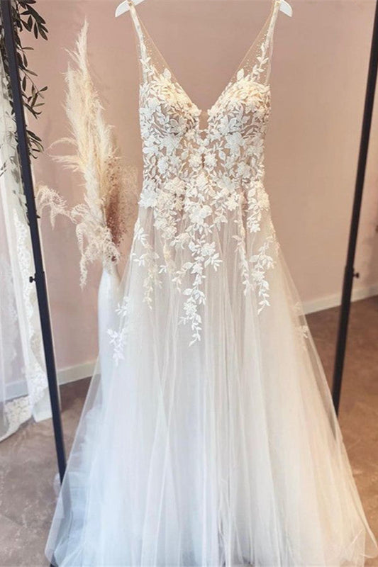 Elegantes langes A-Linien-Brautkleid mit V-Ausschnitt, Tüllapplikationen und Spitze und offenem Rücken