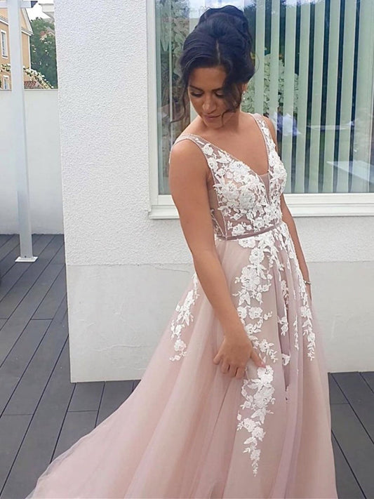 Elegantes langes rückenfreies A-Linien-Abschlussballkleid mit V-Ausschnitt und Tüllspitze