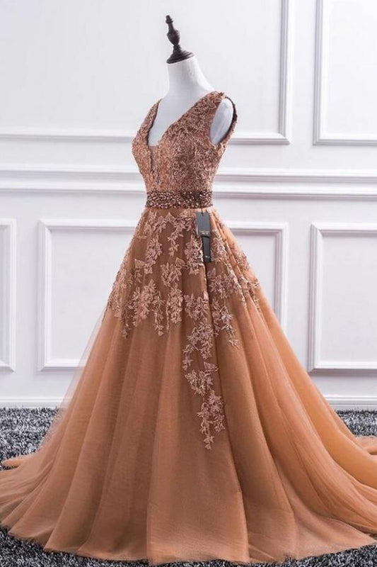 Elegantes langes A-Linien-Ballkleid mit V-Ausschnitt und Tüllspitze