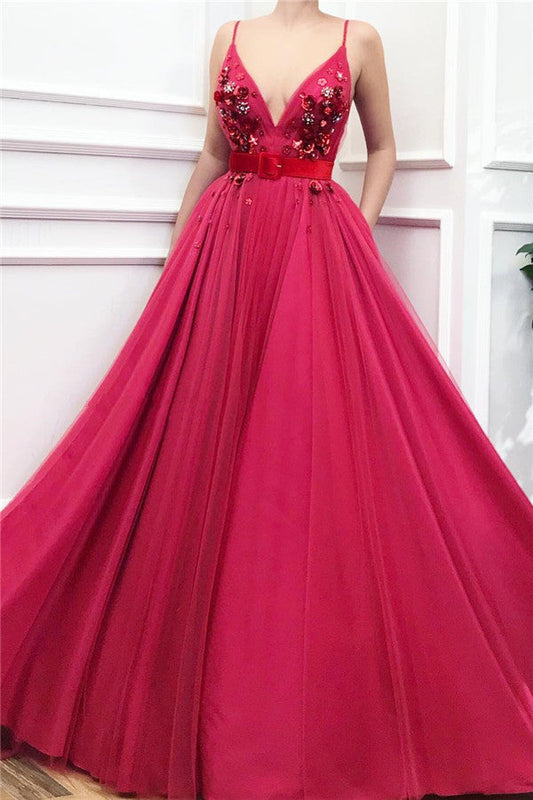 Elegantes langes A-Linien-Ballkleid aus Tüll mit V-Ausschnitt