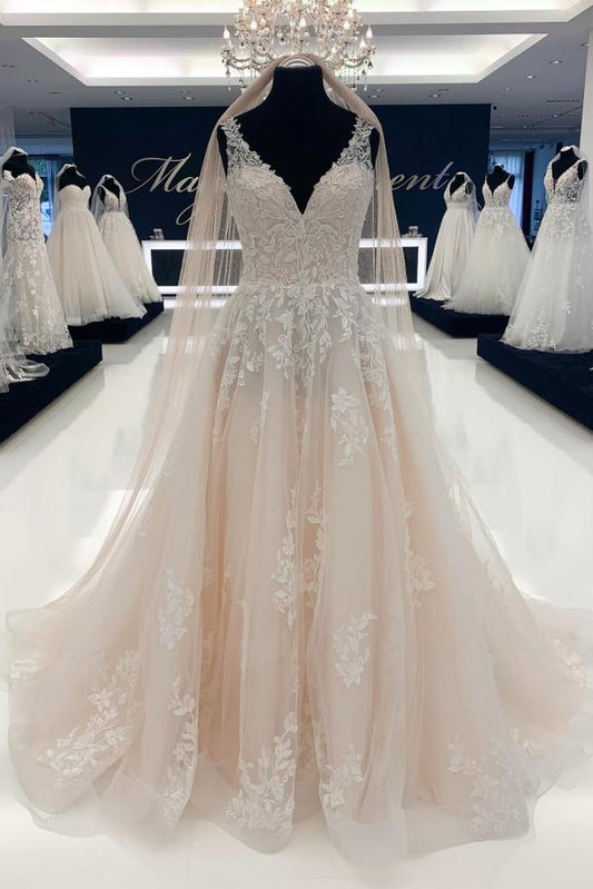Elegante lange A-Linie V-Ausschnitt Tüll ärmellose Brautkleider mit Spitze