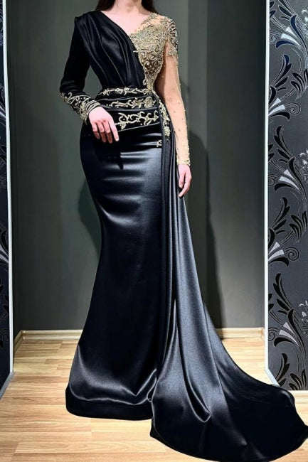 Elegante lange schwarze Perlen verzierte Meerjungfrau Abendkleider mit langen Ärmeln