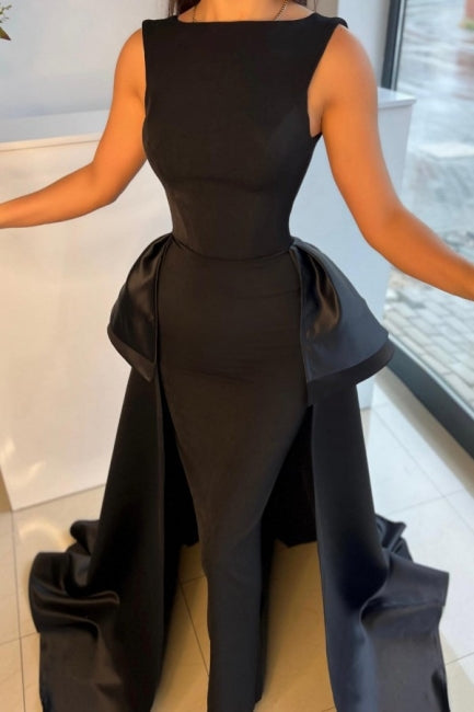 Elegantes vestidos de noche negros largos, sencillos y con cola desmontable.