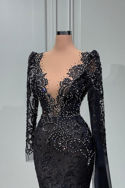 Elegantes langes schwarzes Abendkleid im Meerjungfrau-Stil mit V-Ausschnitt und langen Ärmeln
