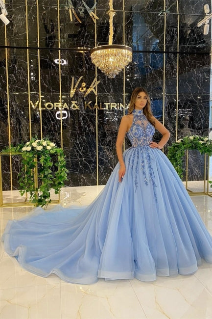 Elegante vestido de fiesta largo azul de corte A, sin mangas, con cuello halter y cuentas, con brillo