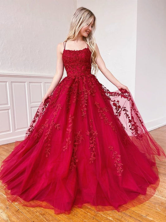 Elegantes Burgunderrotes Langes A-Linien-Ballkleid mit trägerlosem Tüll
