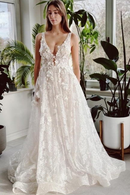 Elegantes langes elfenbeinfarbenes A-Linien-Brautkleid aus Spitze mit V-Ausschnitt und Glitzer