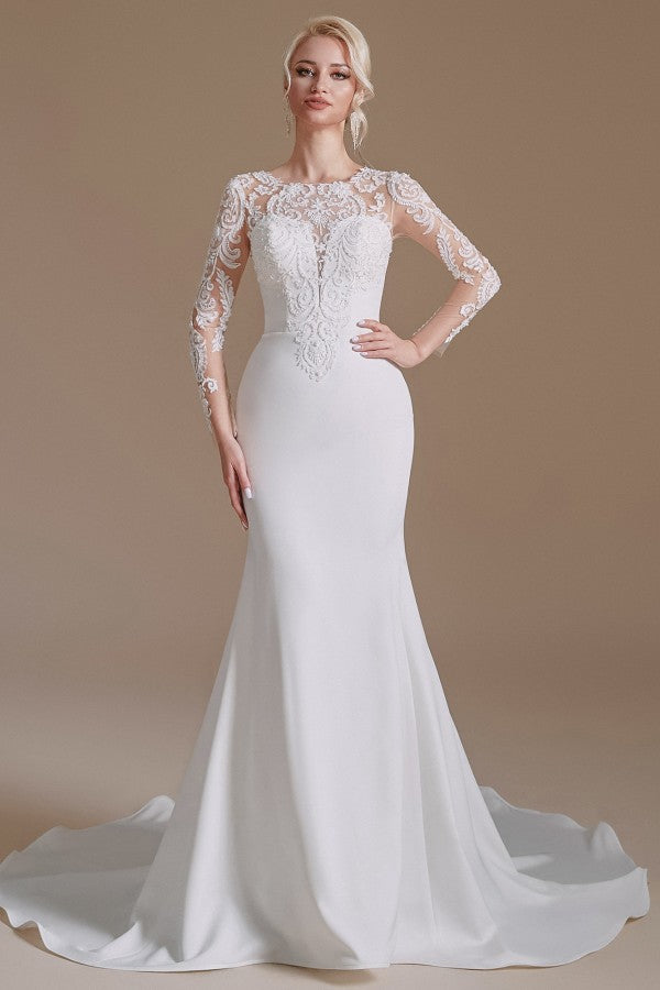Elegantes langes Meerjungfrau-Brautkleid aus Satin mit Juwelenspitze und Ärmeln