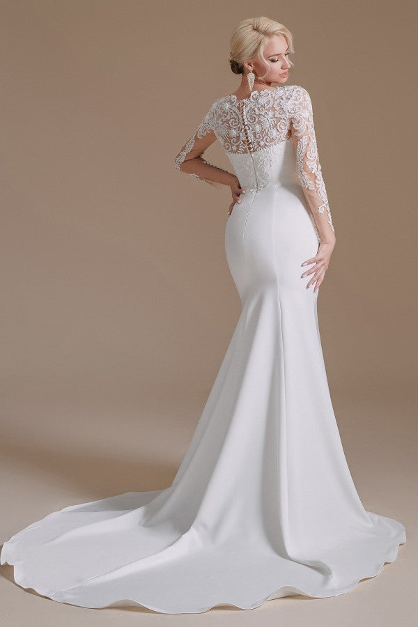 Elegantes langes Meerjungfrau-Brautkleid aus Satin mit Juwelenspitze und Ärmeln