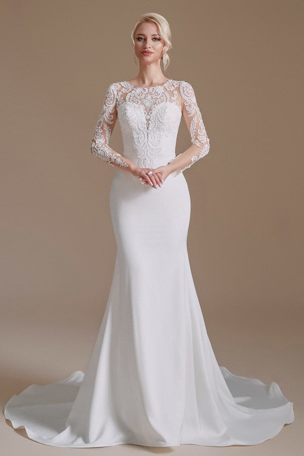 Elegantes langes Meerjungfrau-Brautkleid aus Satin mit Juwelenspitze und Ärmeln