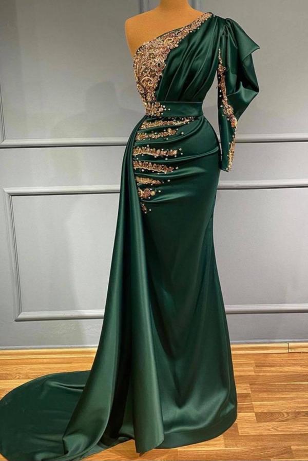 Elegantes langes Meerjungfrau-Abendkleid mit einer Schulter in Dunkelgrün