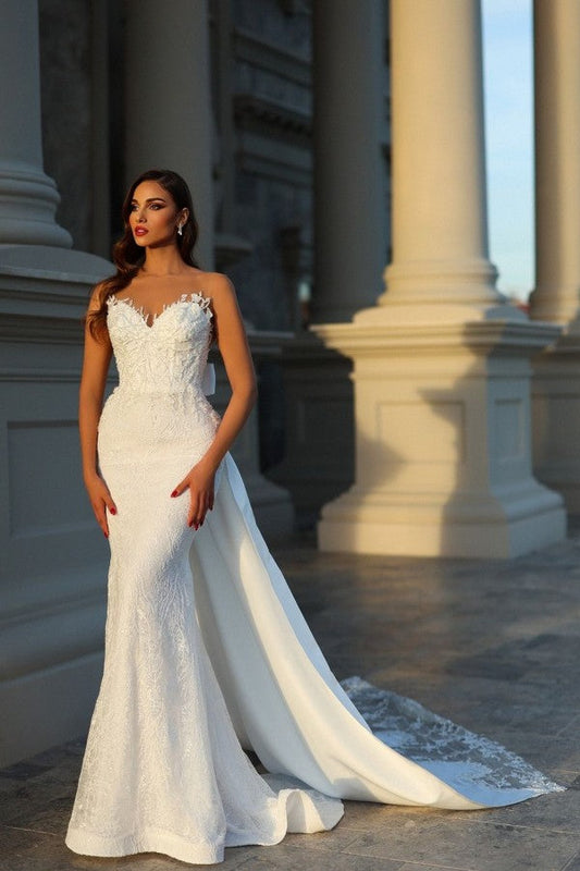 Elegante Lange Meerjungfrau Ärmellose Brautkleider Mit Spitze