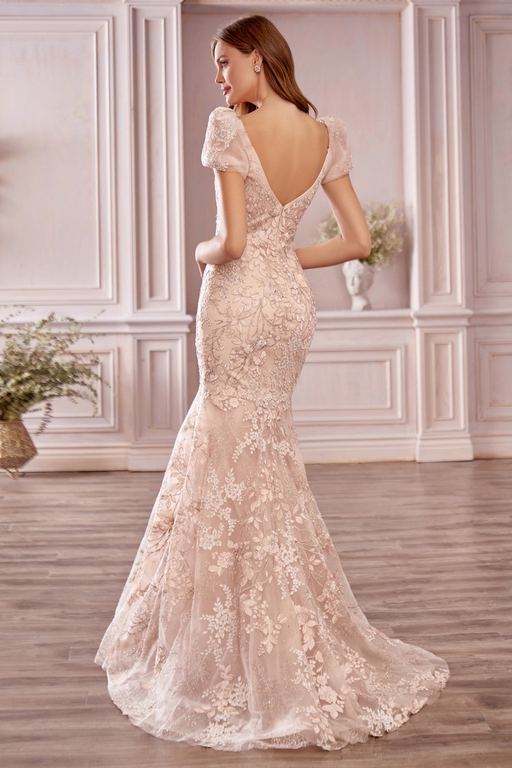 Elegantes langes Meerjungfrau-Ballkleid mit Herzausschnitt und rückenfreiem Spitzen-Abschlussballkleid mit Ärmeln