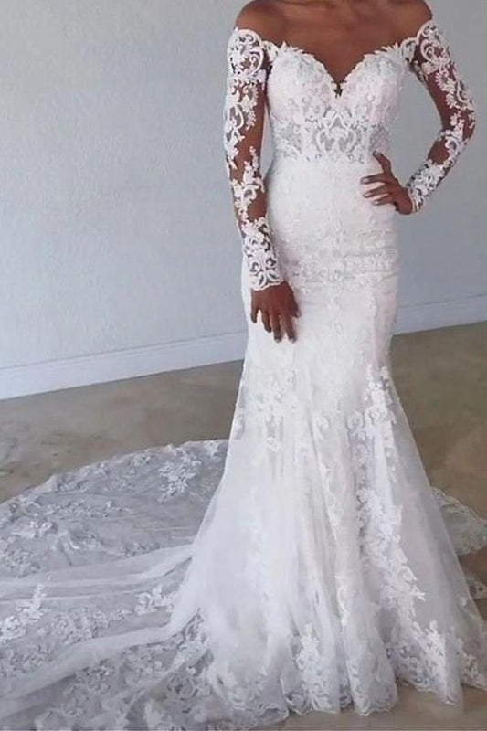 Elegante vestido de novia largo de sirena con escote en forma de corazón y encaje con mangas