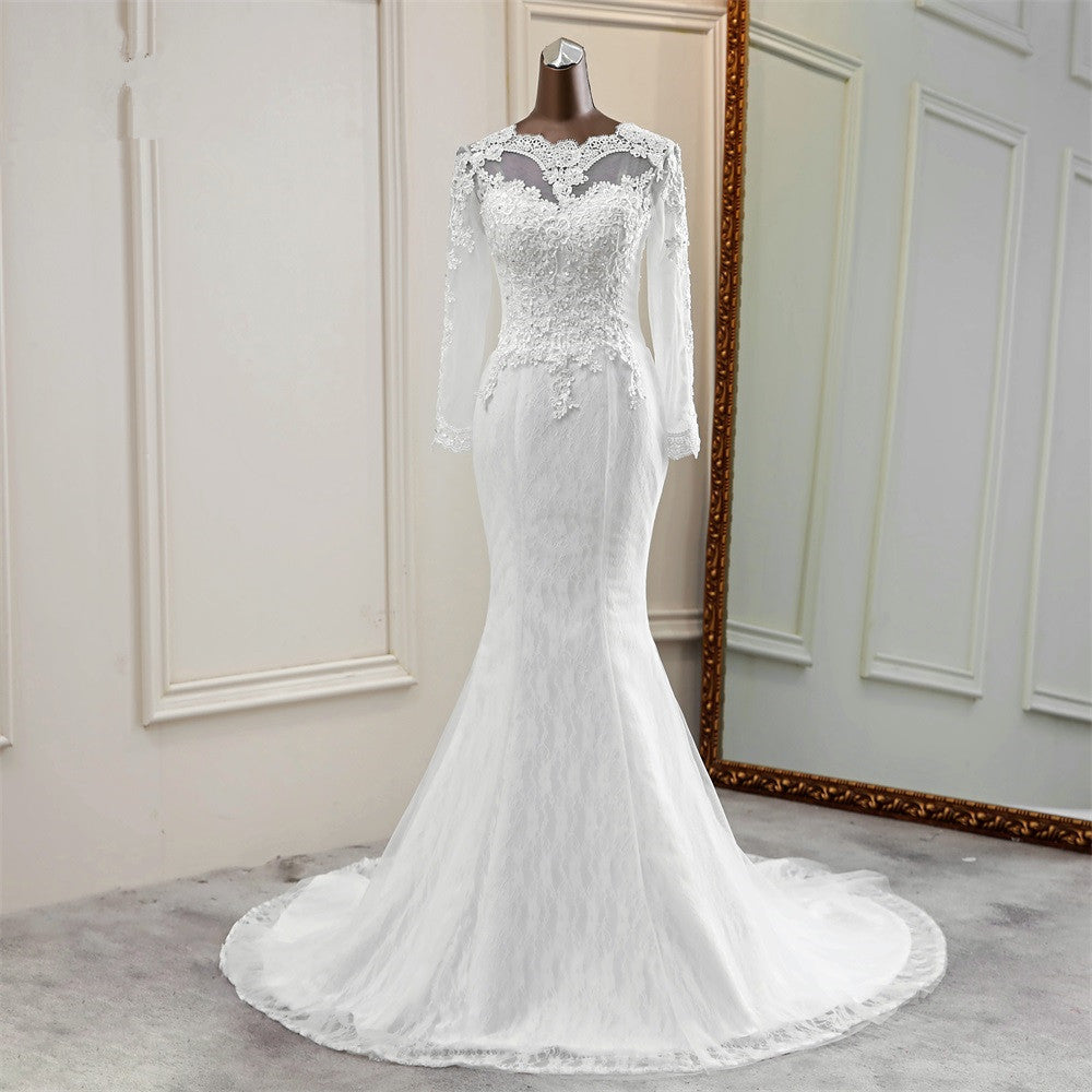 Elegantes langes Meerjungfrau-Brautkleid aus Tüll mit Juwelen und Ärmeln