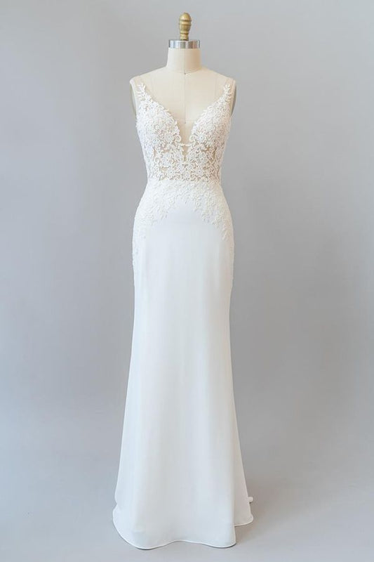 Elegantes langes Meerjungfrau-Brautkleid mit V-Ausschnitt und rückenfreiem Spitzendetail