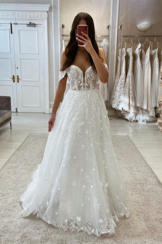 Elegantes langes schulterfreies ärmelloses Brautkleid mit V-Ausschnitt und Spitze