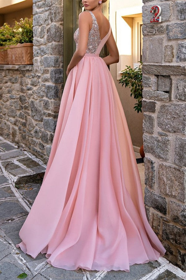 Elegantes langes rosa A-Linien-Abendkleid mit V-Ausschnitt und Glitzer