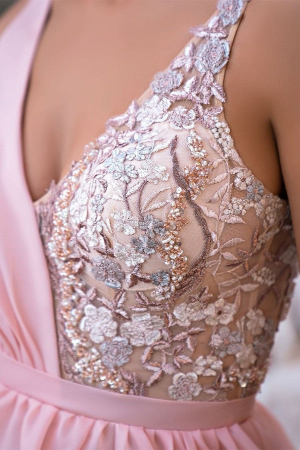 Elegantes langes rosa A-Linien-Abendkleid mit V-Ausschnitt und Glitzer