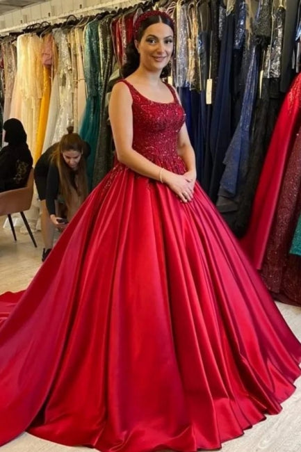 Elegantes langes rotes ärmelloses A-Linien-Hochzeitskleid aus Satin mit Spitze